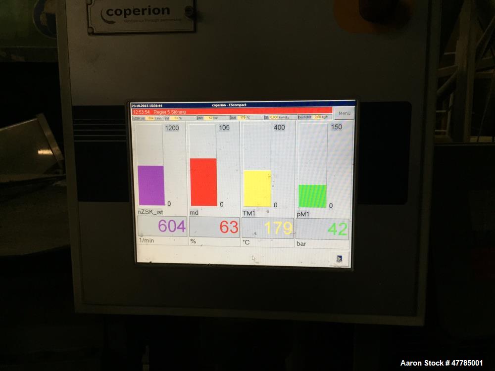 Used Twin Screw Pelletizing Line to include: Coperion STS 65 twin screw extruder, Busch Cobra NC 0250 A vacuum pump, built 1999, Brabender FW80/5 plus 200 volumetric feeder, built 2012, Kreyenborg sc...