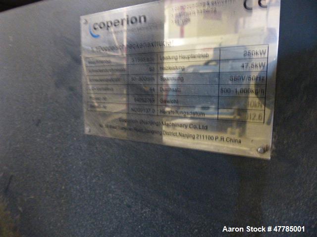 Used Twin Screw Pelletizing Line to include: Coperion STS 65 twin screw extruder, Busch Cobra NC 0250 A vacuum pump, built 1999, Brabender FW80/5 plus 200 volumetric feeder, built 2012, Kreyenborg sc...