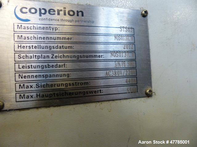 Used Twin Screw Pelletizing Line to include: Coperion STS 65 twin screw extruder, Busch Cobra NC 0250 A vacuum pump, built 1999, Brabender FW80/5 plus 200 volumetric feeder, built 2012, Kreyenborg sc...