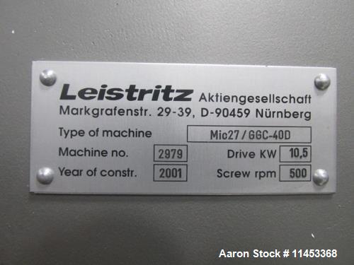 Used- Leistritz Twin Screw Pelletizing Line, Model Micro27-GGC-40D. 27 mm screws, counter rotating screws, 40:1 l/d, 500 rpm...