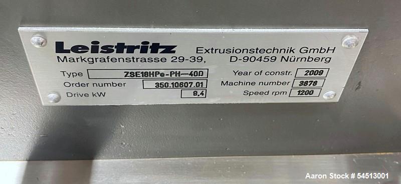 Used Leistritz Twin Screw Co-Rotating Extrusion Line consisting of: (1) Leistritz Tyoe ZSE18HPe-PH-40D Extruder, (2) 18 mm screws, approximately 40 to 1 L/D ratio, 1200 rpm maximum screw rotation, 8 ...