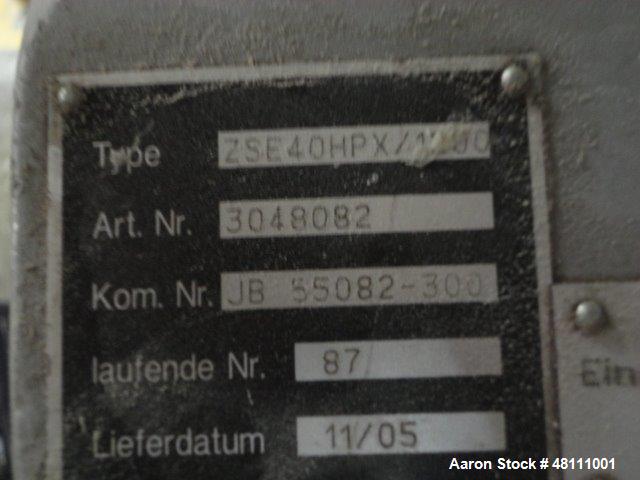 Used Leistritz Twin Screw ZSE40HPX/1200 MFG 2005.Co rotating screw design 1200 rpm Screw speed. Approximate 40:1 L/D Ratio,150 Hp DC direct connect drive motor,Electrically Heated water cooled barrel...