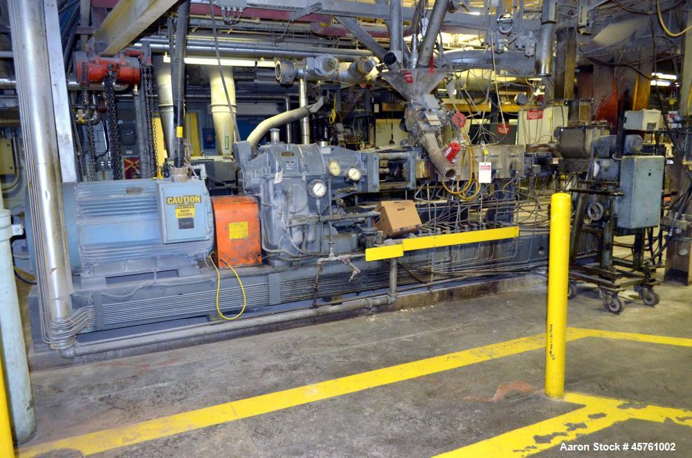 Used (1) ZSK-83 R240R 83mm Co-Rotating twin screw extruder, approximate 40 to 1 L/D ratio, serial# 218971, works# 507860-861, built 1985. (10) Barrel sections with (1) feed with hopper, (2) top vente...