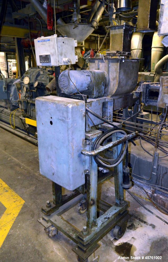 Used (1) ZSK-83 R240R 83mm Co-Rotating twin screw extruder, approximate 40 to 1 L/D ratio, serial# 218971, works# 507860-861, built 1985. (10) Barrel sections with (1) feed with hopper, (2) top vente...
