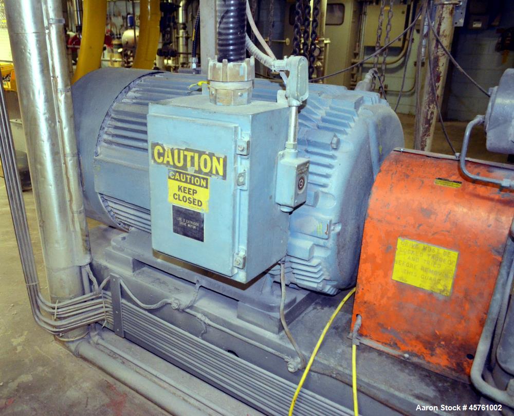 Used (1) ZSK-83 R240R 83mm Co-Rotating twin screw extruder, approximate 40 to 1 L/D ratio, serial# 218971, works# 507860-861, built 1985. (10) Barrel sections with (1) feed with hopper, (2) top vente...