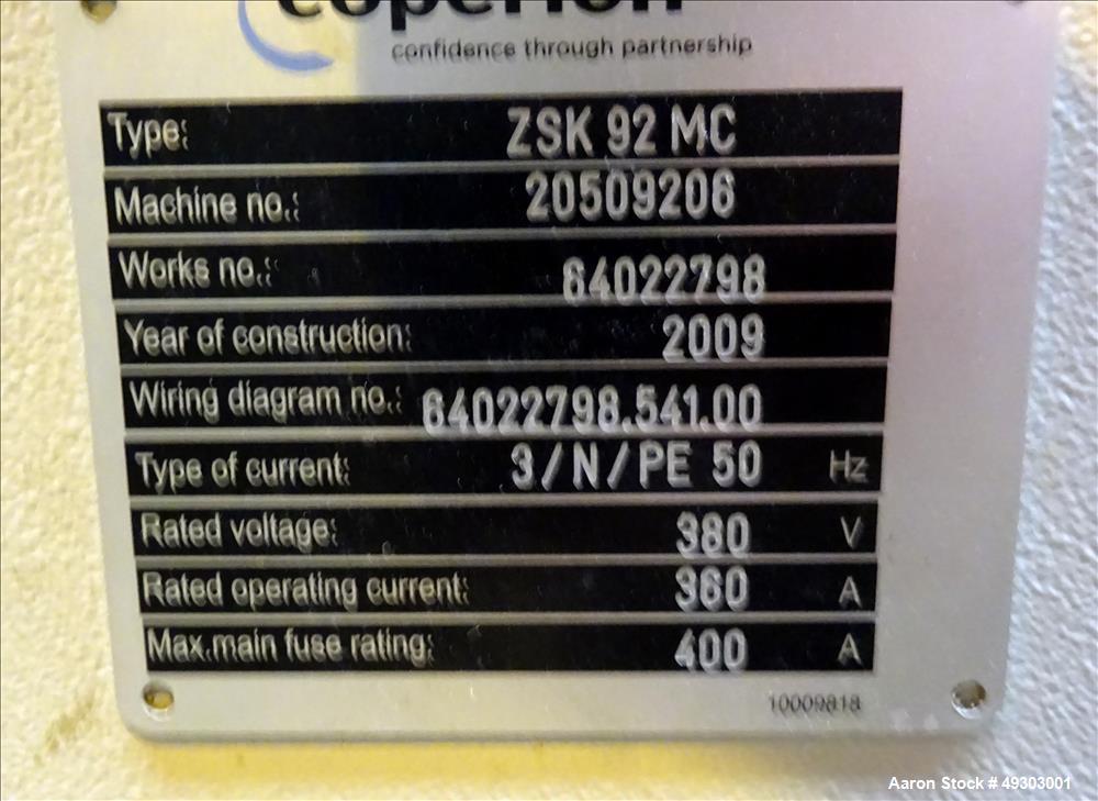 Used Werner & Pfleiderer Twin Screw Pelletizing Line, ZSK 92mm Mega Plus.