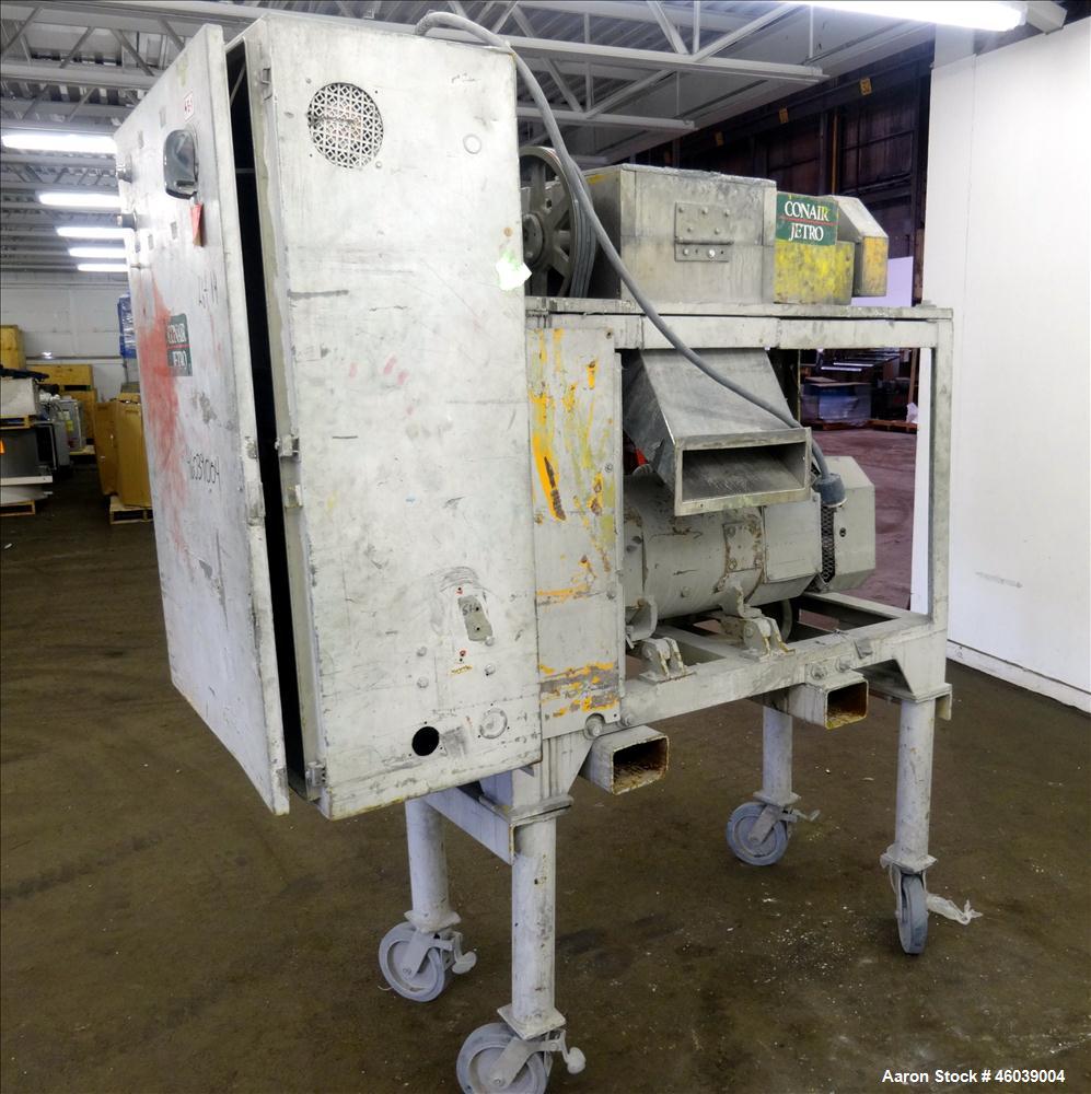 Used Conair Jetro Pelletizer, Model 212. Approximate 12" wide x 8" diameter 48 blade helical rotor. (1) Rubber, (1) metal pneumatically adjustable pull rolls. Driven by a 15hp, 500 volt, 1750 rpm DC ...