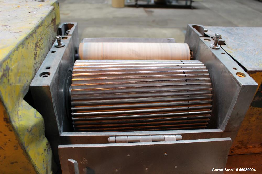 Used Conair Jetro Pelletizer, Model 212. Approximate 12" wide x 8" diameter 48 blade helical rotor. (1) Rubber, (1) metal pneumatically adjustable pull rolls. Driven by a 15hp, 500 volt, 1750 rpm DC ...