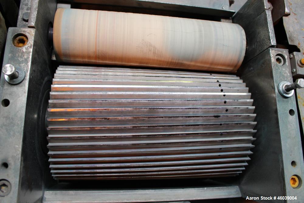 Used Conair Jetro Pelletizer, Model 212. Approximate 12" wide x 8" diameter 48 blade helical rotor. (1) Rubber, (1) metal pneumatically adjustable pull rolls. Driven by a 15hp, 500 volt, 1750 rpm DC ...