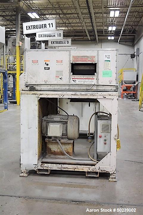 Used Cumberland Quietizer Pelletizer, Approximate 14" Wide, Model 14PELL. 24 Bolt-on knife rotor. Includes a 25 HP AC motor with VFD and a sound deadening hood. Has air actuated rubber to metal pull ...