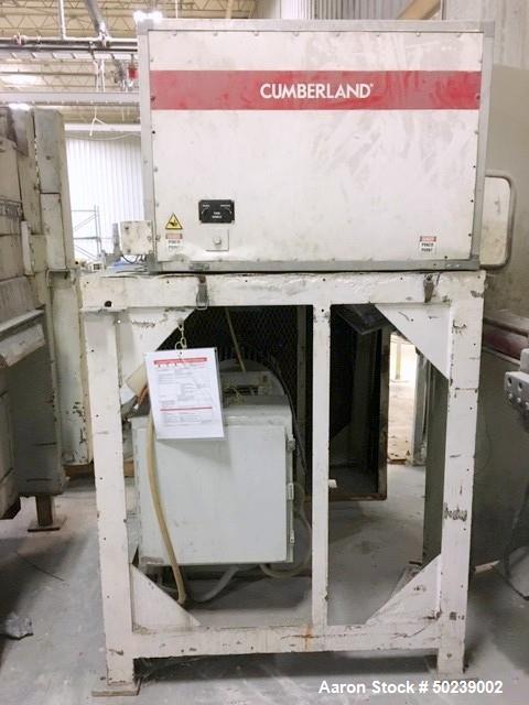 Used Cumberland Quietizer Pelletizer, Approximate 14" Wide, Model 14PELL. 24 Bolt-on knife rotor. Includes a 25 HP AC motor with VFD and a sound deadening hood. Has air actuated rubber to metal pull ...