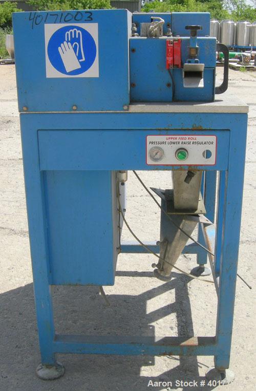 Used Accrapak Systems model 750/2 micro strand pelletizer.  Approximate 12" diameter rotor x 3 1/2" wide 120 knife helical rotor.  Dual sets of pneumatically adjustable pull rolls.  Driven by a 1.1 k...