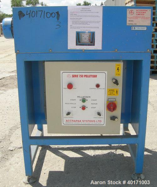 Used Accrapak Systems model 750/2 micro strand pelletizer.  Approximate 12" diameter rotor x 3 1/2" wide 120 knife helical rotor.  Dual sets of pneumatically adjustable pull rolls.  Driven by a 1.1 k...