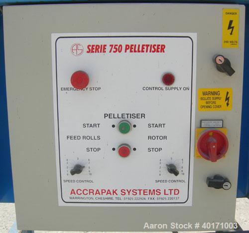 Used Accrapak Systems model 750/2 micro strand pelletizer.  Approximate 12" diameter rotor x 3 1/2" wide 120 knife helical rotor.  Dual sets of pneumatically adjustable pull rolls.  Driven by a 1.1 k...