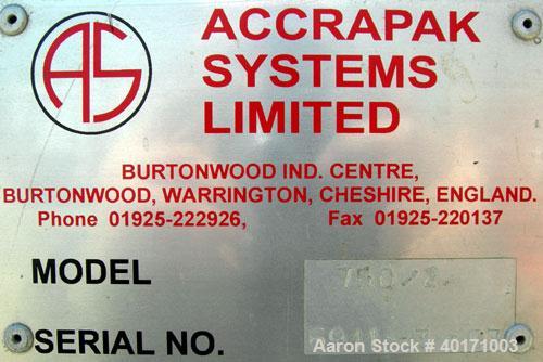 Used Accrapak Systems model 750/2 micro strand pelletizer.  Approximate 12" diameter rotor x 3 1/2" wide 120 knife helical rotor.  Dual sets of pneumatically adjustable pull rolls.  Driven by a 1.1 k...