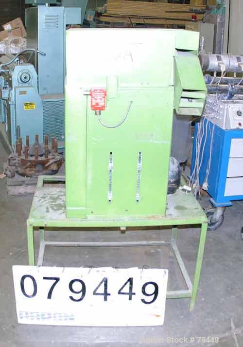 USED: Pelletizer 3" wide, 8 blade rotor. (1) metal, (1) rubber pull roll. Driven by an approximate 3 kw motor with Cheetah drive panel. Unit mounted on stand.