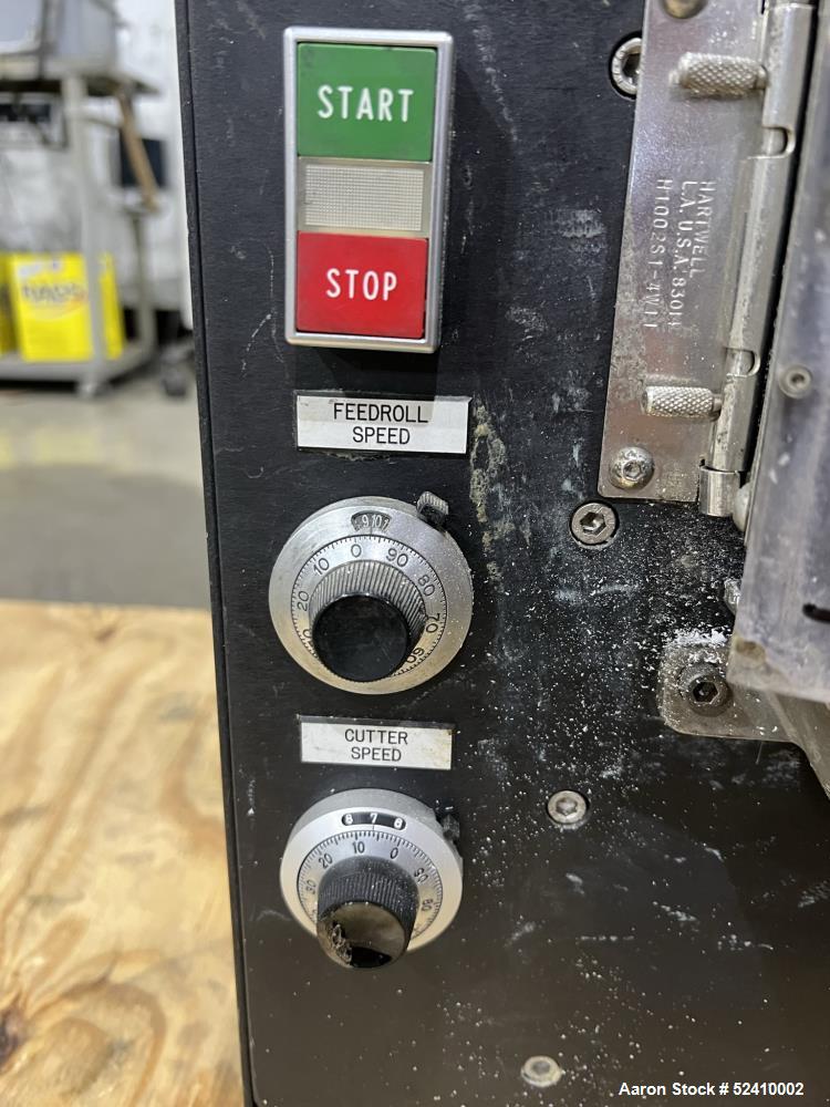 Used Brabender Lab Pelletizer, Type 7 12-74-000, 1"wide x 3-1/2" diamter cutting wheel, Approximately (20) 1/8"thick x 1/2" wide blades. Approximate 1"wide x 3/4" tall  infeed, 2" long x 1/2" wide bo...