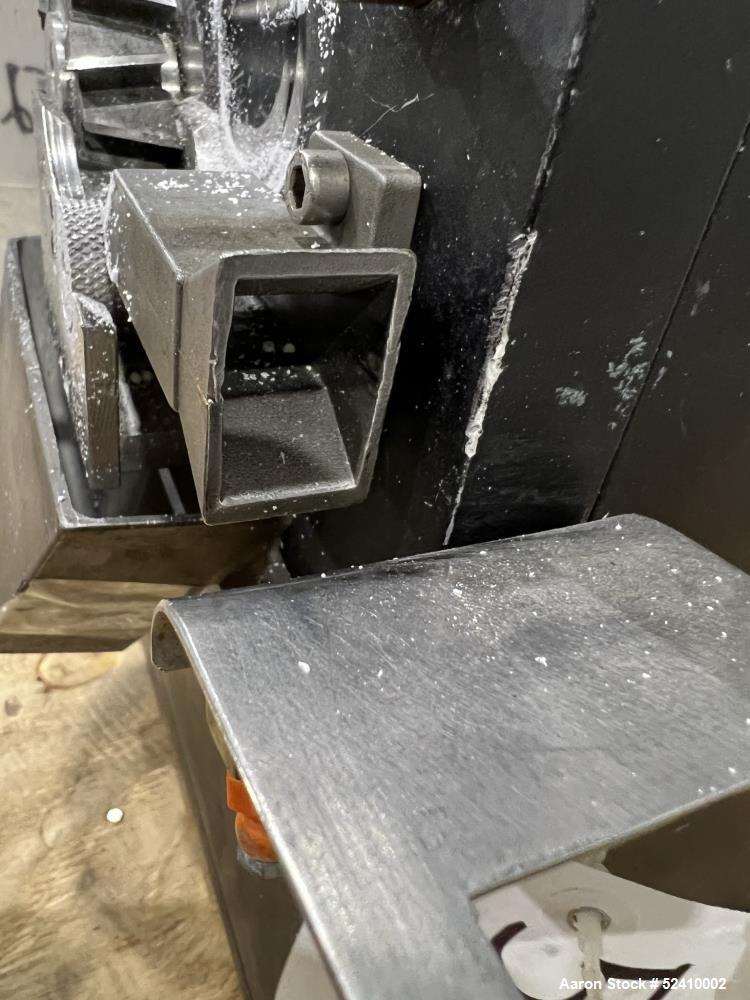 Used Brabender Lab Pelletizer, Type 7 12-74-000, 1"wide x 3-1/2" diamter cutting wheel, Approximately (20) 1/8"thick x 1/2" wide blades. Approximate 1"wide x 3/4" tall  infeed, 2" long x 1/2" wide bo...