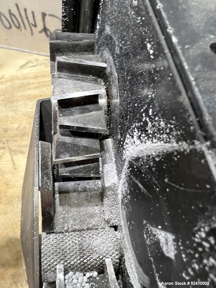 Used Brabender Lab Pelletizer, Type 7 12-74-000, 1"wide x 3-1/2" diamter cutting wheel, Approximately (20) 1/8"thick x 1/2" wide blades. Approximate 1"wide x 3/4" tall  infeed, 2" long x 1/2" wide bo...