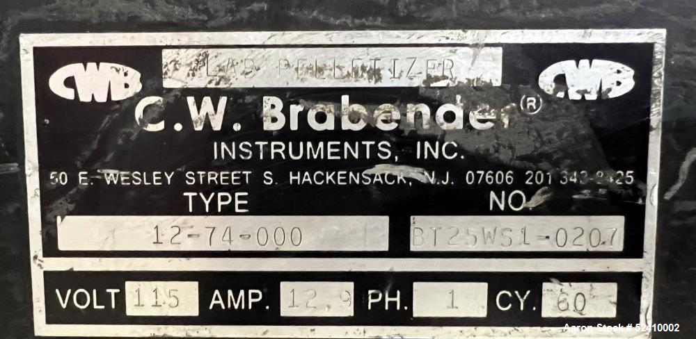 Used Brabender Lab Pelletizer, Type 7 12-74-000, 1"wide x 3-1/2" diamter cutting wheel, Approximately (20) 1/8"thick x 1/2" wide blades. Approximate 1"wide x 3/4" tall  infeed, 2" long x 1/2" wide bo...