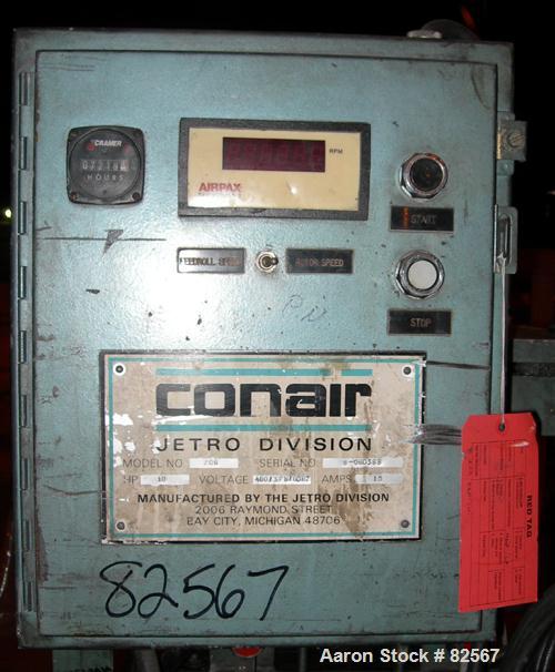 USED: Conair pelletizer, model 206. Approx 8" diameter x 6" wide 32 blade helical rotor. (1) Rubber and (1) metal pull roll. Hydraulically driven by a 10 hp, 3/60/460 volt power pack. Unit mounted on...
