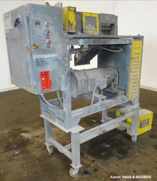 Used Conair Jetro Pelletizer, Model 208. Approximate 8" wide x 6" diameter 48 blade helical rotor. (1) Rubber, (1) metal pneumatically adjustable pull rolls. Driven by a 10hp, 500 volt, 1750 rpm DC m...