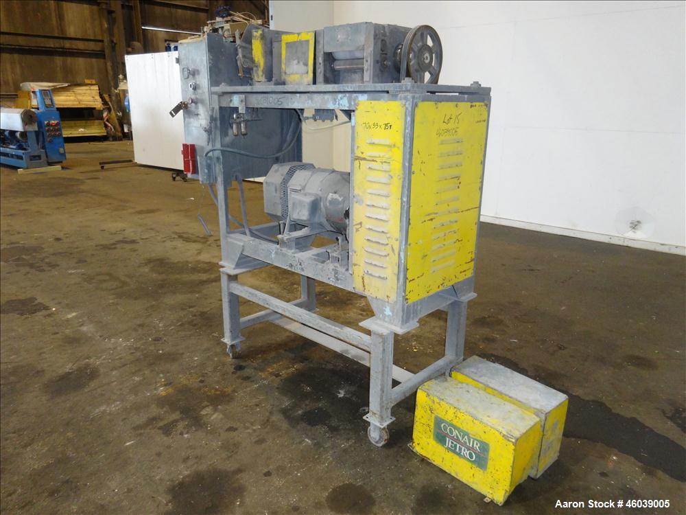 Used Conair Jetro Pelletizer, Model 208. Approximate 8" wide x 6" diameter 48 blade helical rotor. (1) Rubber, (1) metal pneumatically adjustable pull rolls. Driven by a 10hp, 500 volt, 1750 rpm DC m...