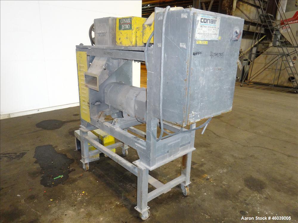 Used Conair Jetro Pelletizer, Model 208. Approximate 8" wide x 6" diameter 48 blade helical rotor. (1) Rubber, (1) metal pneumatically adjustable pull rolls. Driven by a 10hp, 500 volt, 1750 rpm DC m...