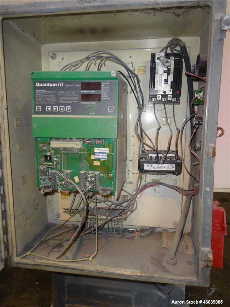 Used Conair Jetro Pelletizer, Model 208. Approximate 8" wide x 6" diameter 48 blade helical rotor. (1) Rubber, (1) metal pneumatically adjustable pull rolls. Driven by a 10hp, 500 volt, 1750 rpm DC m...
