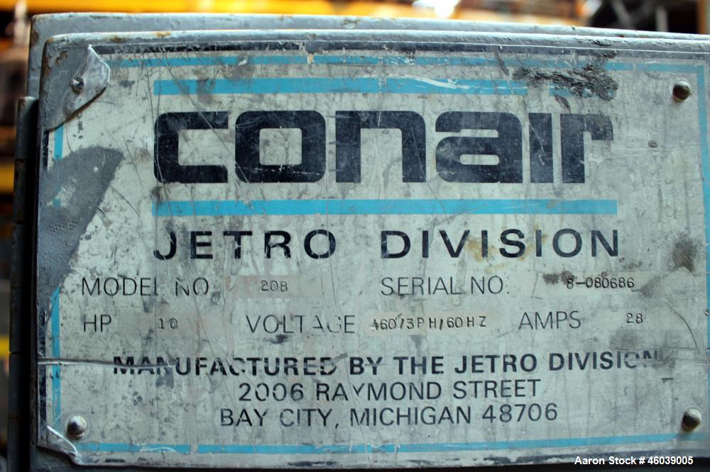 Used Conair Jetro Pelletizer, Model 208. Approximate 8" wide x 6" diameter 48 blade helical rotor. (1) Rubber, (1) metal pneumatically adjustable pull rolls. Driven by a 10hp, 500 volt, 1750 rpm DC m...