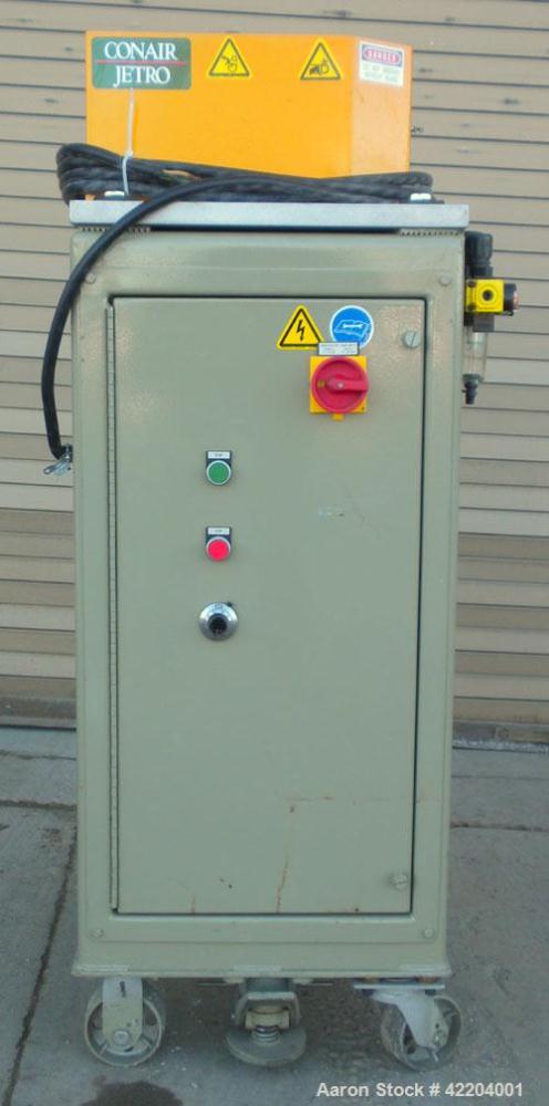 Used Conair Jetro Pelletizer, Model 304. Approximate 4" diameter x 4" wide 36 blade helical rotor. (1) Rubber, (1) metal pneumatically adjustable pull roll. Driven by a 2 hp, 180 volt, 1750 rpm DC mo...