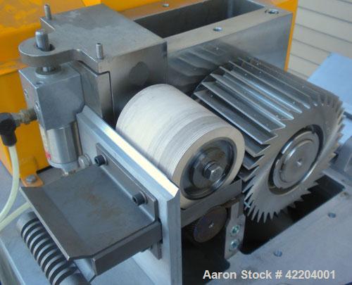 Used Conair Jetro Pelletizer, Model 304. Approximate 4" diameter x 4" wide 36 blade helical rotor. (1) Rubber, (1) metal pneumatically adjustable pull roll. Driven by a 2 hp, 180 volt, 1750 rpm DC mo...