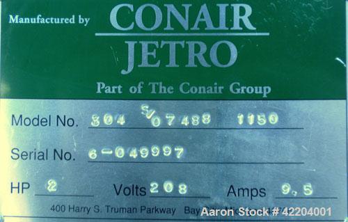 Used Conair Jetro Pelletizer, Model 304. Approximate 4" diameter x 4" wide 36 blade helical rotor. (1) Rubber, (1) metal pneumatically adjustable pull roll. Driven by a 2 hp, 180 volt, 1750 rpm DC mo...