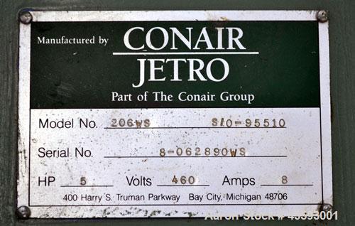 Used Conair Jetro Pelletizing System consisting of: (1) Conair Jetro Pelletizer, model 206WS. Approximately 6-1/2” wide x 7-1/2” diameter 48 blade helical rotor, (1) rubber, (1) metal pull roll, driv...