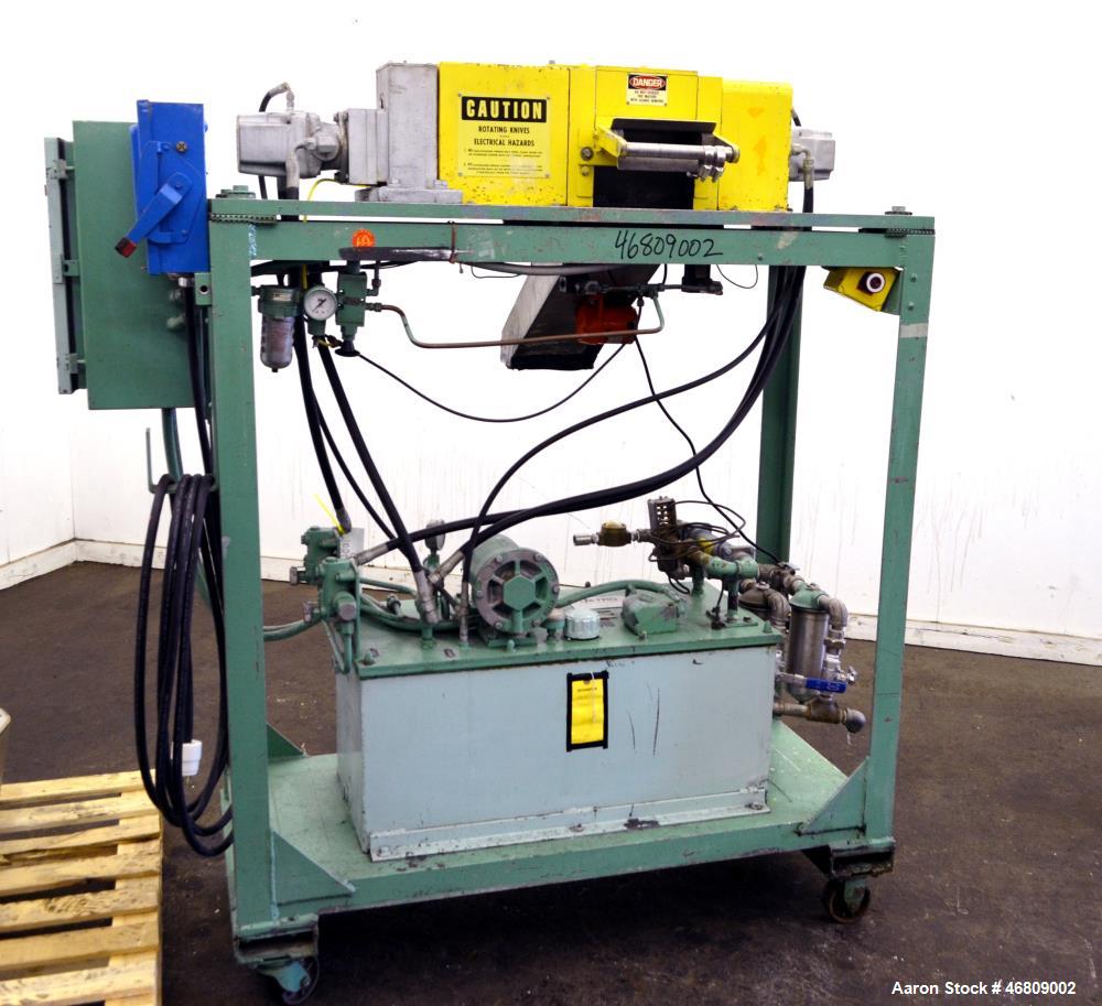 Used Conair Jetro Pelletizer, Model 206. Approximate 6-1/2" wide X 8" diameter (48) blade helical rotor. (1) Rubber, (1) metal pull rolls. Hydraulically driven by a Jetro power pack, 5hp, 3/60/220/44...