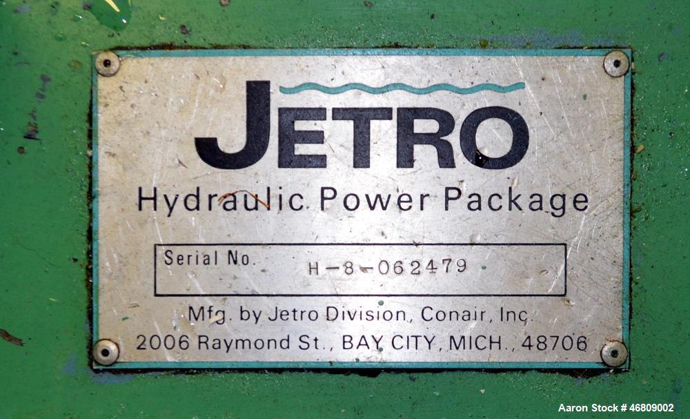 Used Conair Jetro Pelletizer, Model 206. Approximate 6-1/2" wide X 8" diameter (48) blade helical rotor. (1) Rubber, (1) metal pull rolls. Hydraulically driven by a Jetro power pack, 5hp, 3/60/220/44...