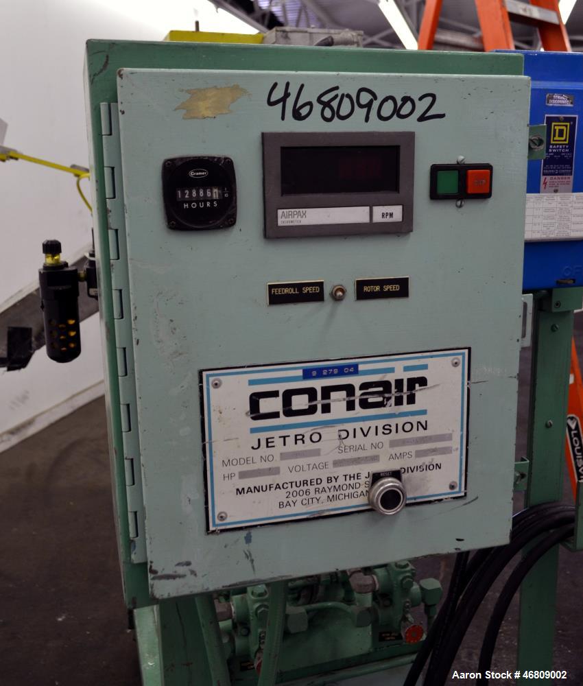 Used Conair Jetro Pelletizer, Model 206. Approximate 6-1/2" wide X 8" diameter (48) blade helical rotor. (1) Rubber, (1) metal pull rolls. Hydraulically driven by a Jetro power pack, 5hp, 3/60/220/44...