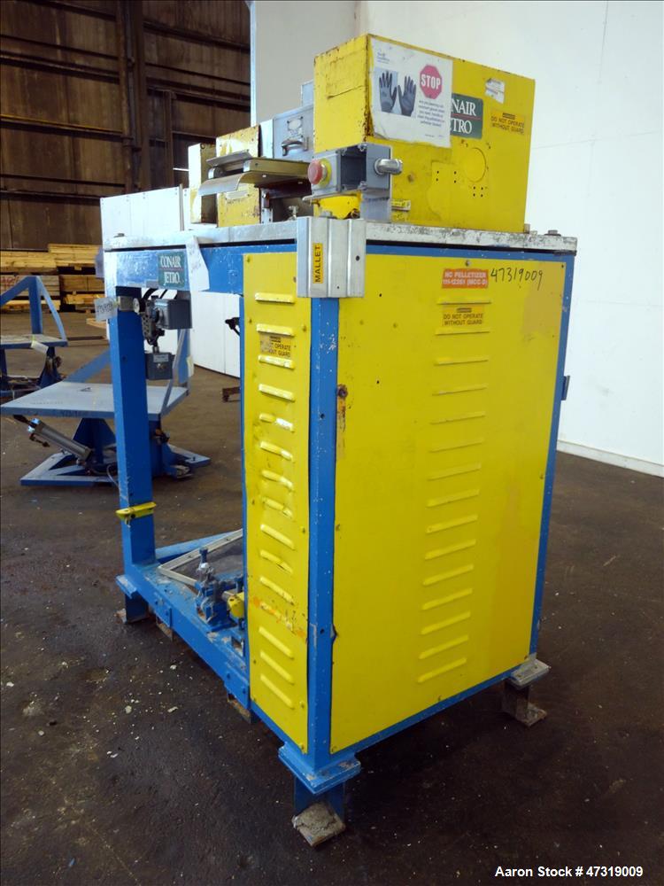 Used Conair Jetro Pelletizer. Approximate 12" diameter x 8-1/2" wide 72 blade helical rotor. (1) Rubber, (1) metal pull rolls. Driven by a 15hp, 3/60/575 volt, 1760 rpm motor. Mounted on a frame with...