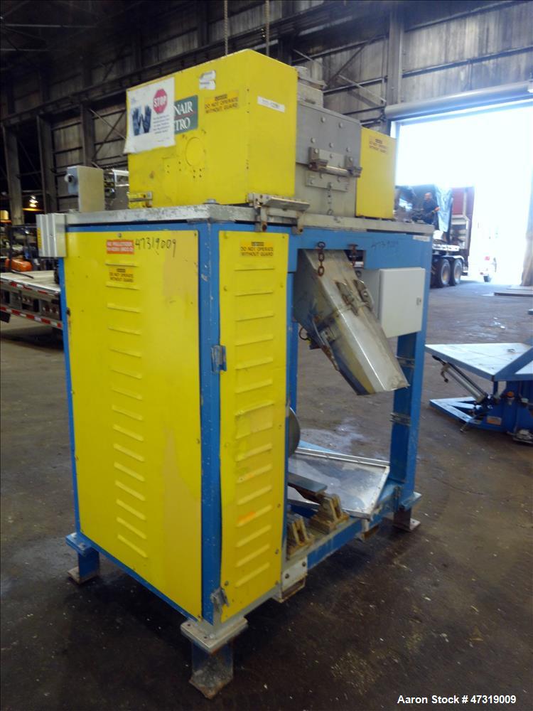 Used Conair Jetro Pelletizer. Approximate 12" diameter x 8-1/2" wide 72 blade helical rotor. (1) Rubber, (1) metal pull rolls. Driven by a 15hp, 3/60/575 volt, 1760 rpm motor. Mounted on a frame with...