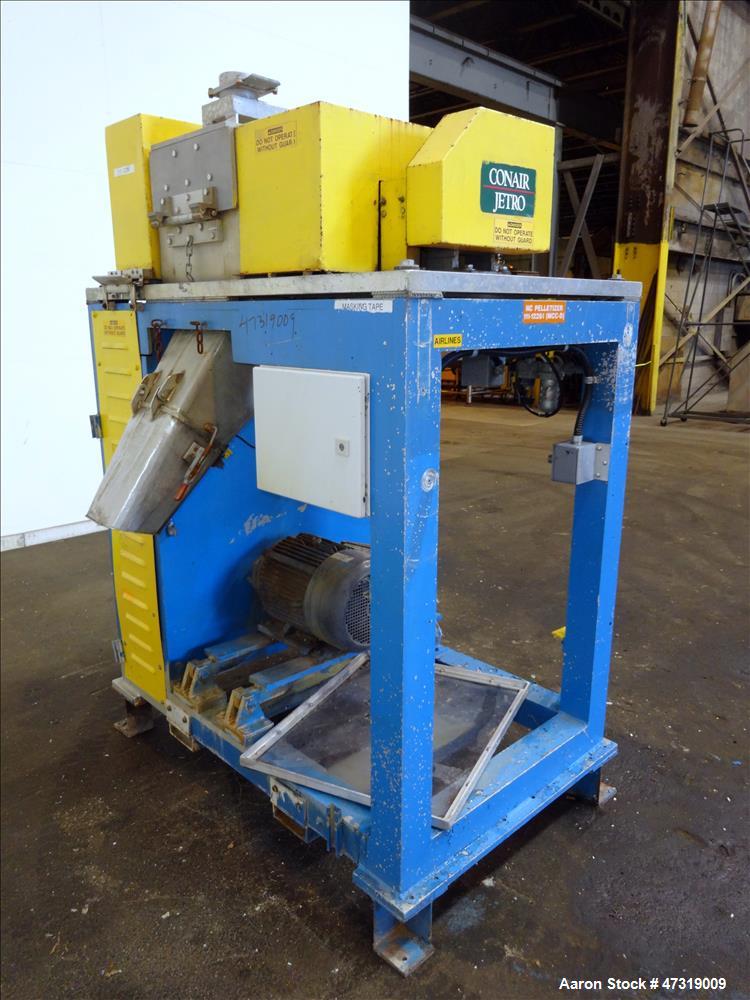 Used Conair Jetro Pelletizer. Approximate 12" diameter x 8-1/2" wide 72 blade helical rotor. (1) Rubber, (1) metal pull rolls. Driven by a 15hp, 3/60/575 volt, 1760 rpm motor. Mounted on a frame with...