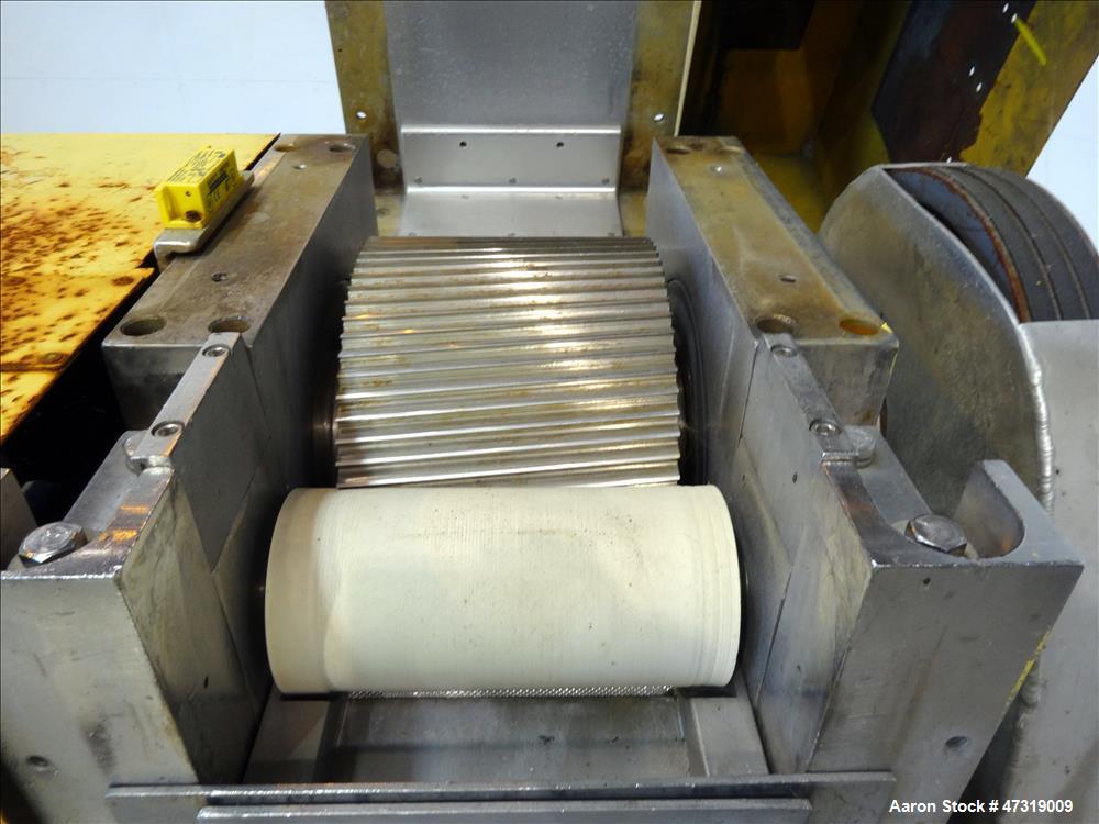 Used Conair Jetro Pelletizer. Approximate 12" diameter x 8-1/2" wide 72 blade helical rotor. (1) Rubber, (1) metal pull rolls. Driven by a 15hp, 3/60/575 volt, 1760 rpm motor. Mounted on a frame with...