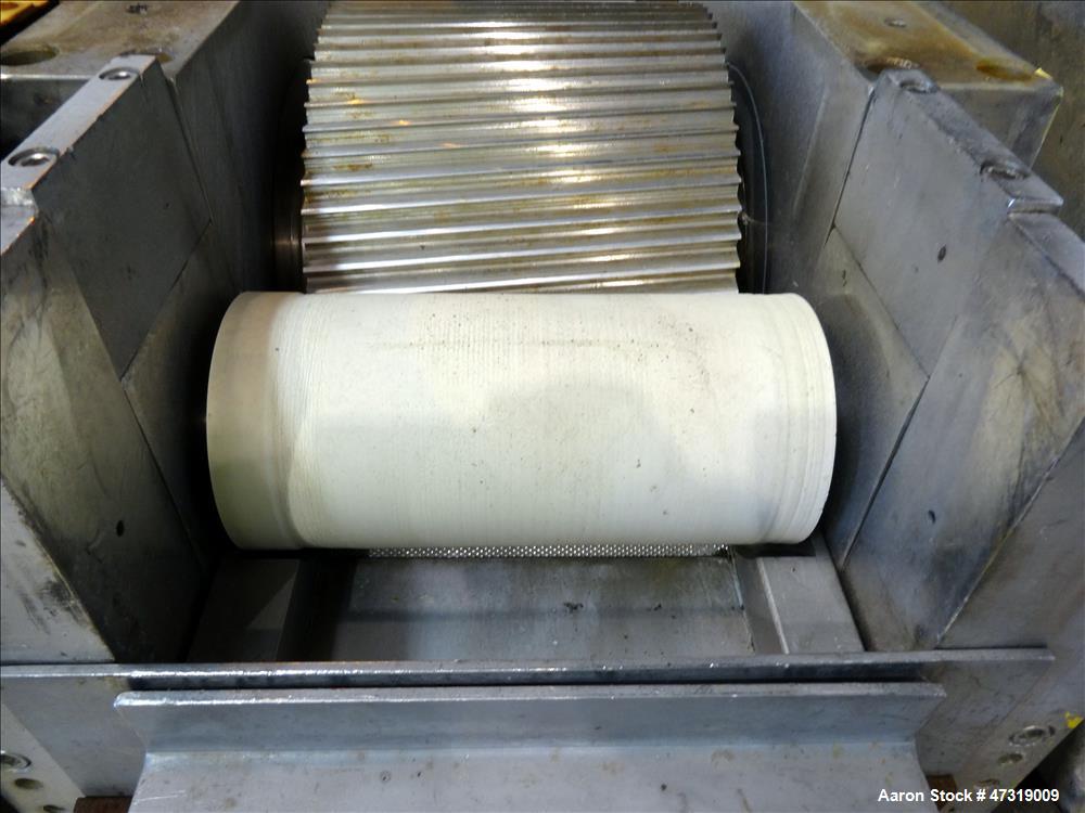 Used Conair Jetro Pelletizer. Approximate 12" diameter x 8-1/2" wide 72 blade helical rotor. (1) Rubber, (1) metal pull rolls. Driven by a 15hp, 3/60/575 volt, 1760 rpm motor. Mounted on a frame with...