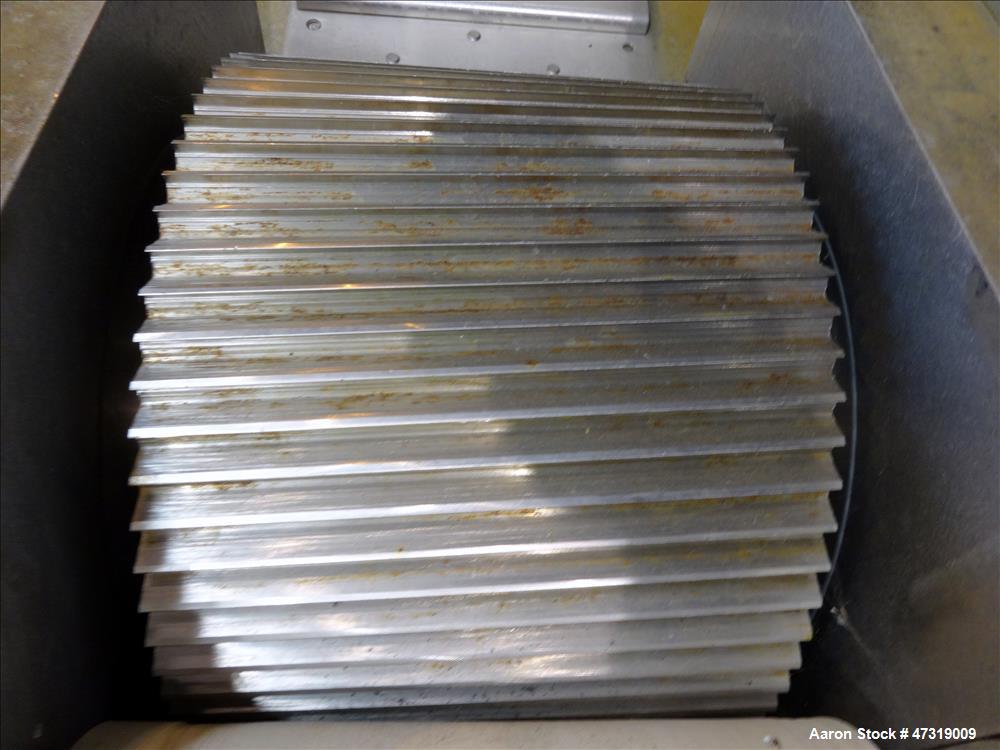 Used Conair Jetro Pelletizer. Approximate 12" diameter x 8-1/2" wide 72 blade helical rotor. (1) Rubber, (1) metal pull rolls. Driven by a 15hp, 3/60/575 volt, 1760 rpm motor. Mounted on a frame with...