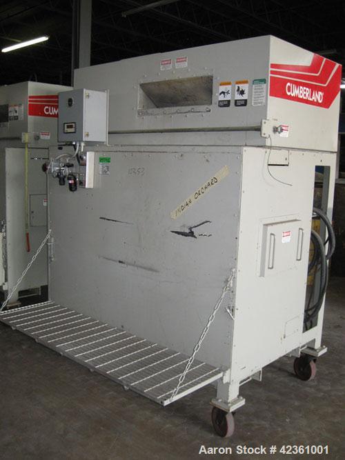 Used Cumberland Quietizer Pelletizer, Model 26. 26" wide 48 blade helical rotor. Air operated feed roll. Driven by a 50 hp, 3/60/460 volt motor. Includes a Reliance variable speed drive with run/jog ...
