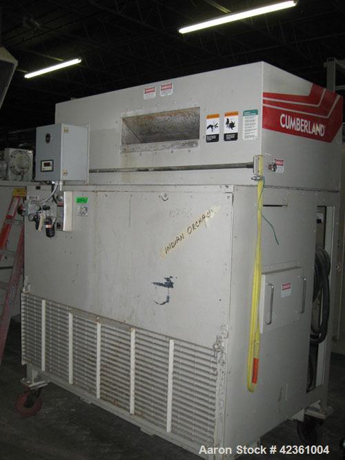 Used Cumberland Quietizer Pelletizer, Model 26. 26" wide 48 blade helical rotor. Air operated feed roll. Driven by a 50 hp, 3/60460 volt motor. Includes a Reliance variable speed drive with run/jog f...