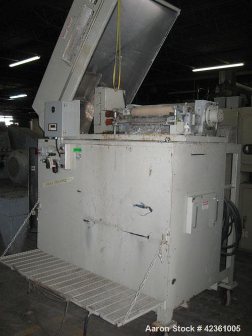 Used Cumberland Quietizer Pelletizer, Model 26. 26" wide 48 blade helical rotor. Air operated feed roll. Driven by a 50 hp, 3/60460 volt motor. Includes a Reliance variable speed drive with run/jog f...