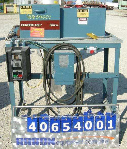 Used Cumberland 4 Utilizer Pelletizer. 3 1/2" wide 16 bolt on blade rotor, (1) rubber, (1) metal manually adjustable pull roll. Driven by a 2 hp, 180 volt, 1750 rpm DC motor. Includes a Reliance Mini...