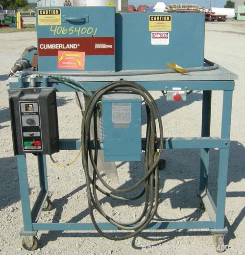 Used Cumberland 4 Utilizer Pelletizer. 3 1/2" wide 16 bolt on blade rotor, (1) rubber, (1) metal manually adjustable pull roll. Driven by a 2 hp, 180 volt, 1750 rpm DC motor. Includes a Reliance Mini...
