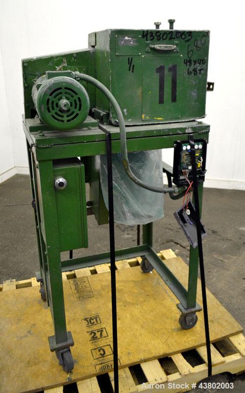 Used Cumberland Size 4 Pelletizer.  4” Wide x 8” diameter 16 bolt-on blade rotor, (1) rubber, (1) metal pull roll.  Driven by a 2 hp, 180 volt, 1750 rpm DC motor.  Unit mounted on a frame with caster...