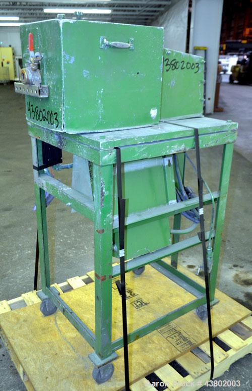 Used Cumberland Size 4 Pelletizer.  4” Wide x 8” diameter 16 bolt-on blade rotor, (1) rubber, (1) metal pull roll.  Driven by a 2 hp, 180 volt, 1750 rpm DC motor.  Unit mounted on a frame with caster...